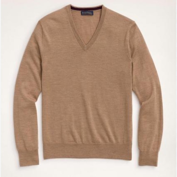 BROOKS BROTHERS Mens Merino Wool V Neck Sweater Tan Italian Yarn Sz XL NEW - Picture 1 of 9
